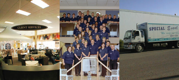 History of Special Event Rentals - Edmonton showing old photos of our showroom, staff, and truck
