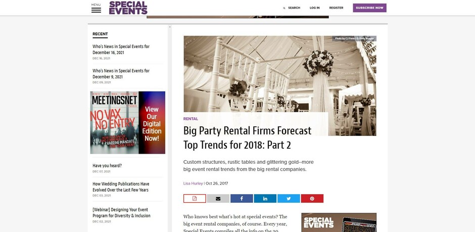 Special Event Rentals - Edmonton Media Coverage - Featured in the Big Party Rental Firms Forecast Top Trends for 2018 article in SpecialEvents.com