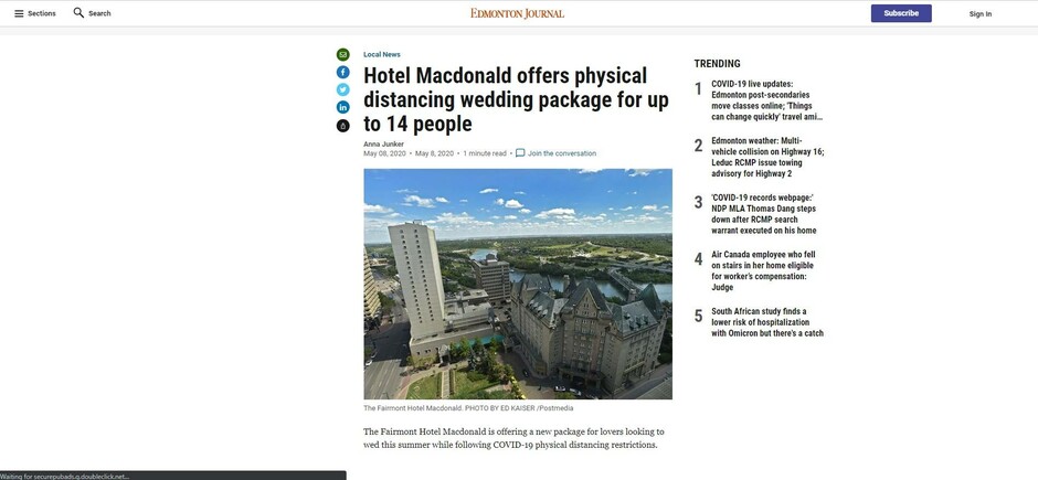 Special Event Rentals - Edmonton Media Coverage - Featured in the Hotel Macdonald offers physical distancing wedding package for up to 14 people article in EdmontonJournal.com