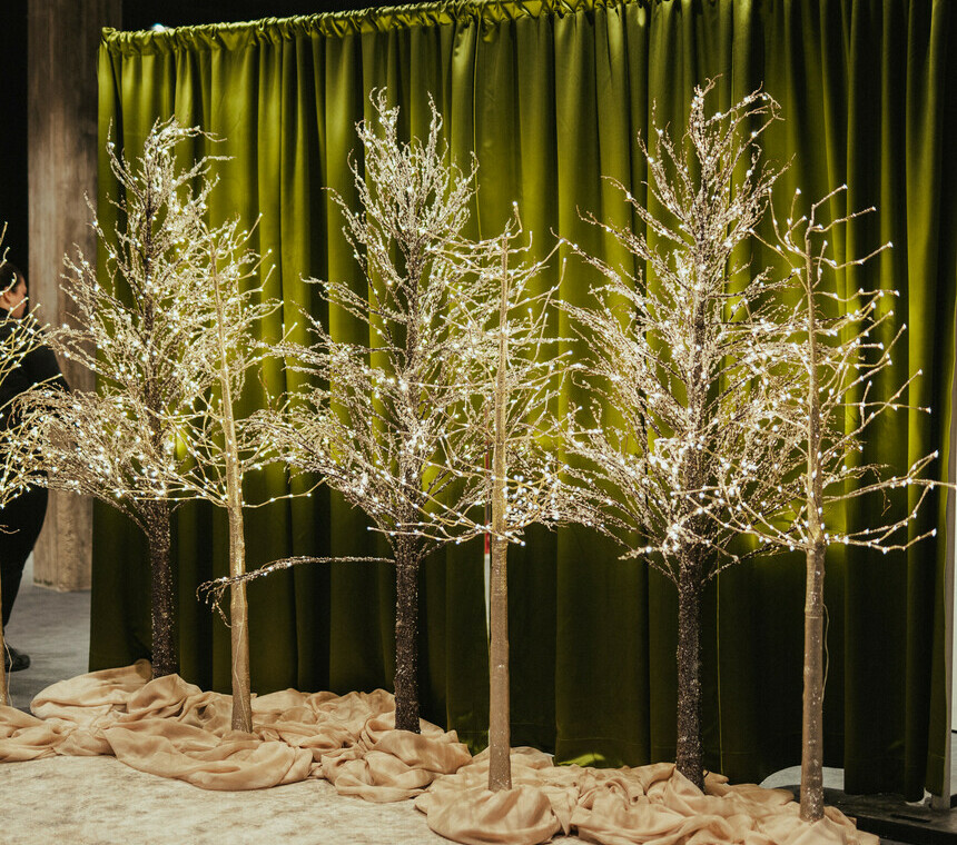 A group of lit up Christmas trees on display in front of a shiny green backdrop fabric.